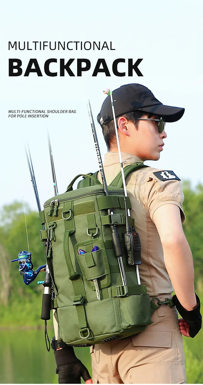 Tactical Fishing Backpack – Multifunctional Tackle Bag with Rod Holders, Molle Storage for Fishing, Camping & Hiking