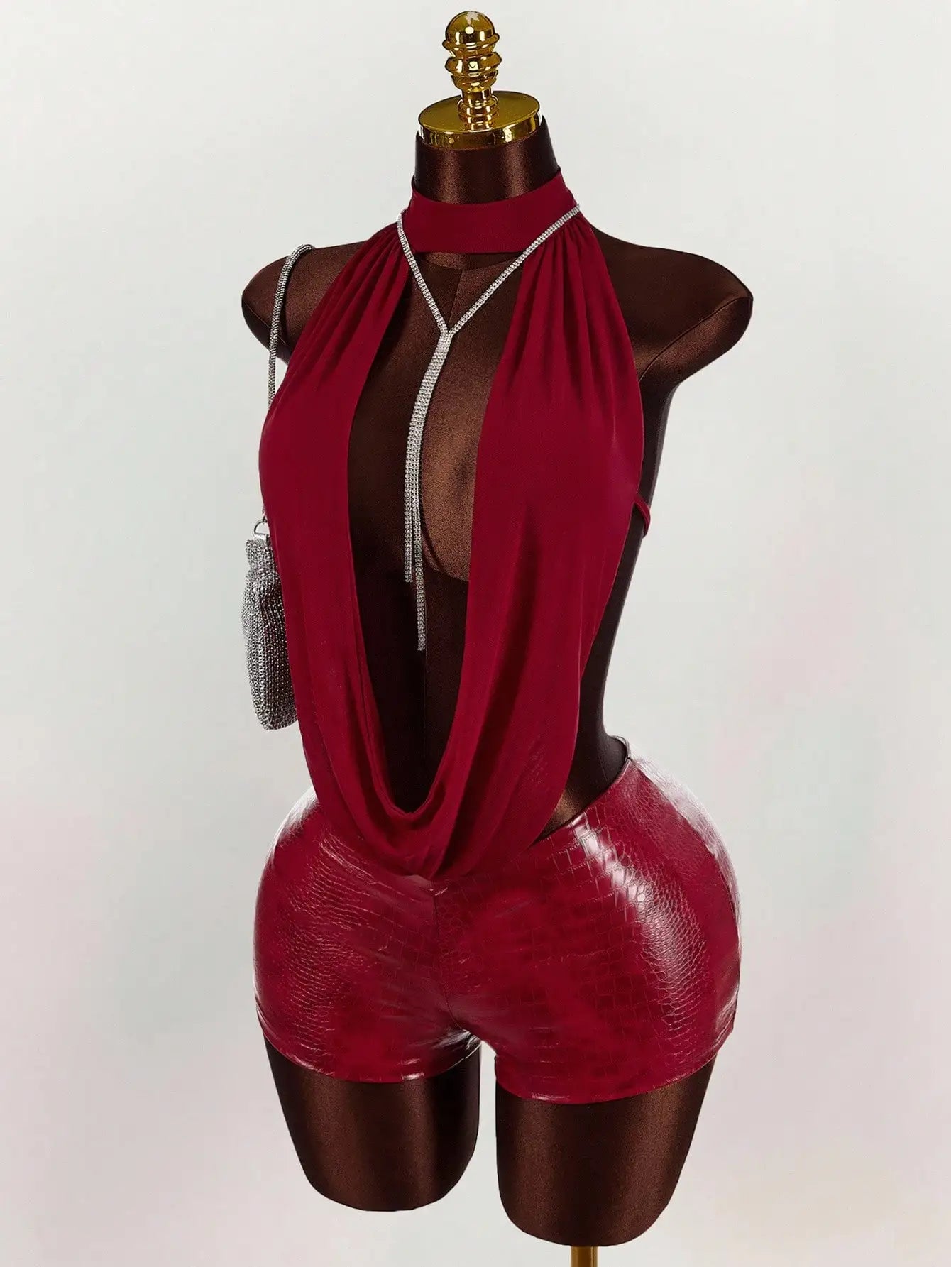 Women’s Mesh Halter Top Leather Jumpsuit - Solid Color Stylish Party & Club Outfit