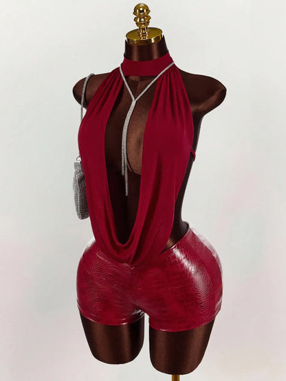Women’s Mesh Halter Top Leather Jumpsuit - Solid Color Stylish Party & Club Outfit