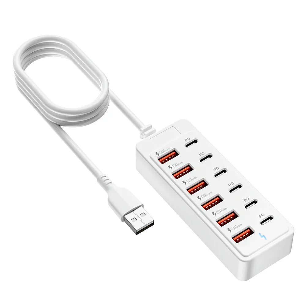12-in-1 Power Strip & USB Charger Station — Multi-Port Wall/Desktop Adapter with USB-C Fast Charging for iPhone & Samsung