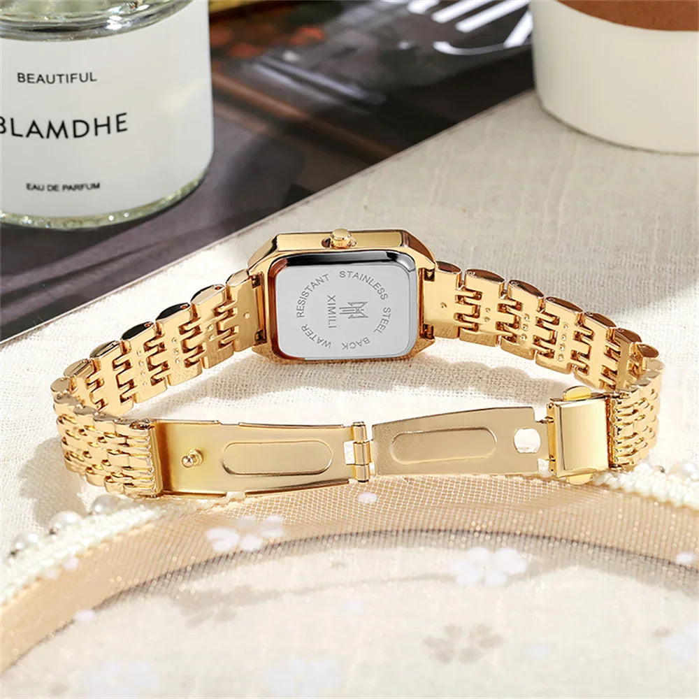 Luxury Women's Square Quartz Watch – Gold-Plated Stainless Steel Business Timepiece