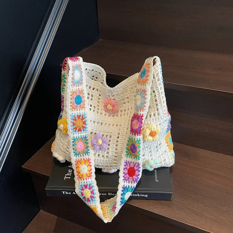 Women’s Boho Crochet Tote Bag – Floral Knitted Large Capacity Beach Shoulder Bag Summer Woven Shopper Handbag
