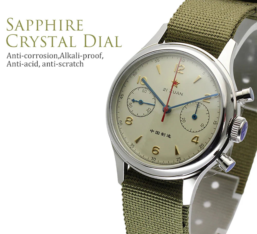 RED STAR 1963 Men's Chronograph Watch - 38mm Pilot Design with Seagull ST1901 Movement & Sapphire Glass