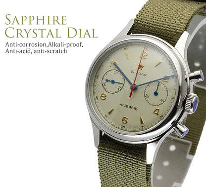 RED STAR 38mm Men's 1963 Chronograph Mechanical Watch – Pilot Air Force Aviation with Seagull ST1901 Movement & Sapphire Glass