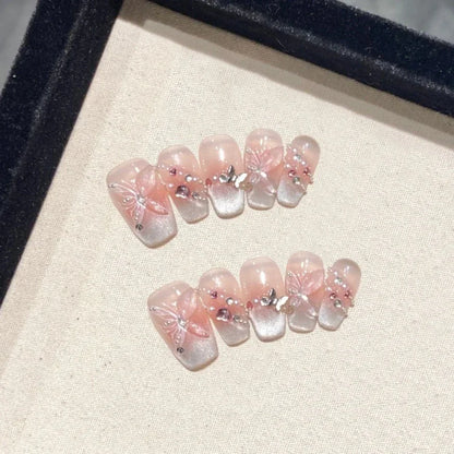 10Pcs Handmade Press-On Nails – Cute Flower & Butterfly Design with Glossy Diamond Full Cover Acrylic Tips