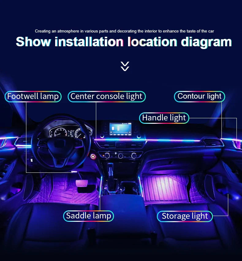 10/14/18-in-1 LED Car Ambient Lights – 213 64 Color RGB Bluetooth Rainbow Acrylic Strips, Atmosphere Lamp Kit 12V