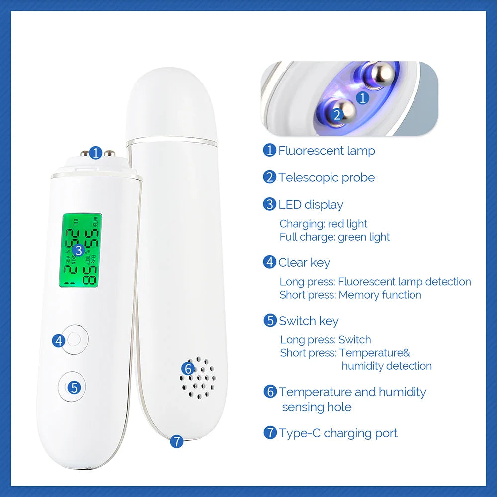 Skin Tester Analyzer - Moisture, Oil Content, Elasticity, and Age Test Meter with Fluorescent Agent Detector