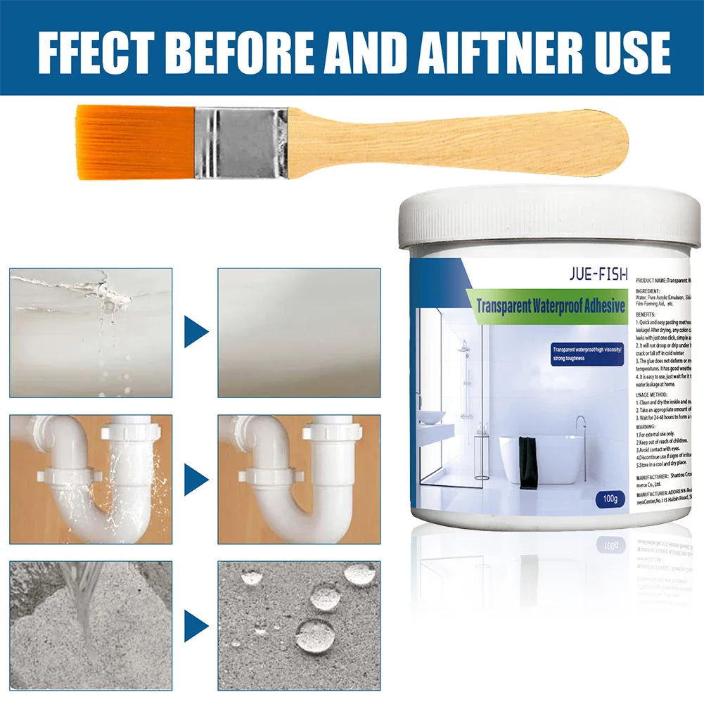 300g Waterproof Coating Sealant - Transparent Invisible Paste Glue with Brush, Adhesive Repair for Home Roof and Bathroom