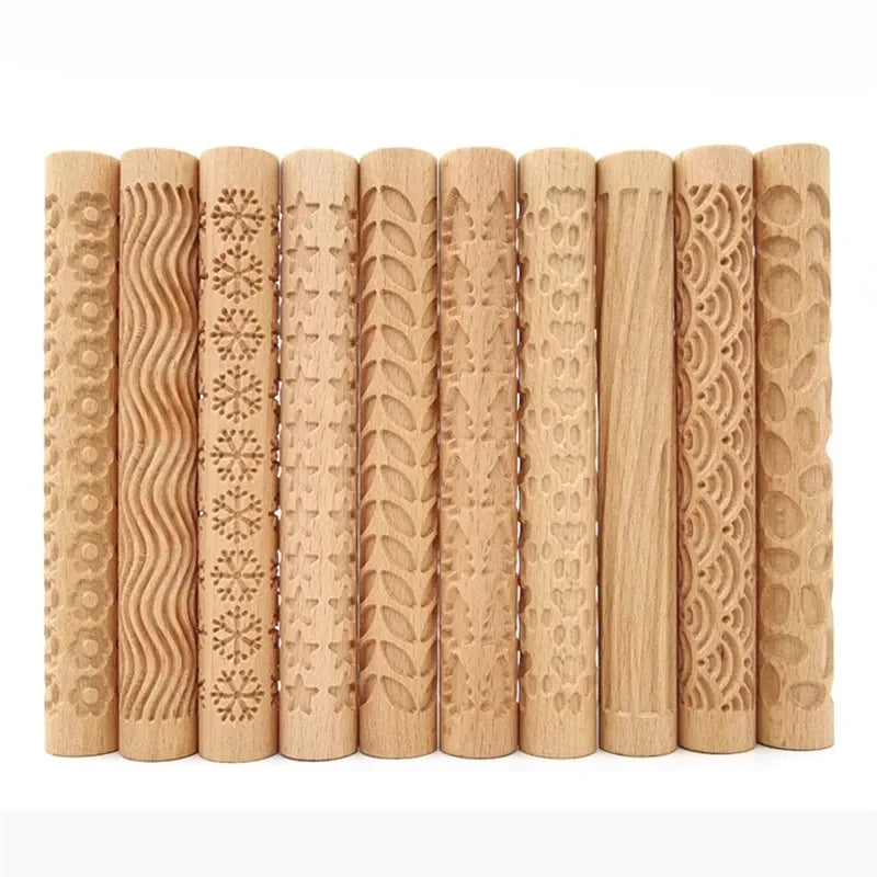 3D Embossed Pottery Rolling Pin - Wooden Hand Pressure Roller for Baking, Pie, and Cookie Making, Handmade Kitchen Tools