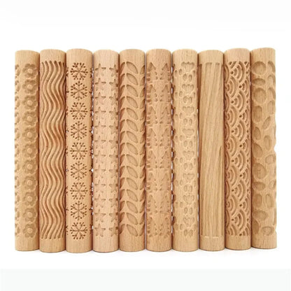 3D Embossed Pottery Rolling Pin - Wooden Hand Pressure Roller for Baking, Pie, and Cookie Making, Handmade Kitchen Tools
