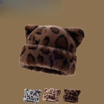 Leopard Print Plush Teddy Bear Hat – Sweet & Cute Women’s Hooded Beanie, Thick, Warm & Retro Style