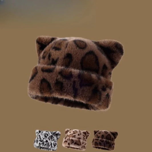 Leopard Print Plush Teddy Bear Hat – Sweet & Cute Women’s Hooded Beanie, Thick, Warm & Retro Style