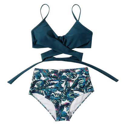 Floral Print Cross High Waist Bikini – Women’s Two-Piece Beach Swimsuit for Teenagers 2024 Trend