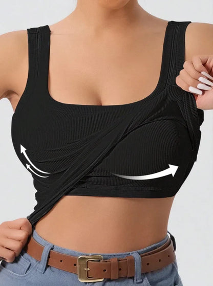Women's Ribbed One-Piece Tank Top - Built-In Bra Square Neck Slim Fit Summer Bodysuit