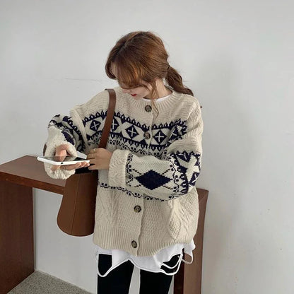 HELIAR Women’s Korean Patchwork Cardigan – Vintage Argyle Knit Sweater with Long Sleeves & Casual O-Neck