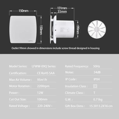 230V 4" 100MM Duct Extractor Fan – Smart Bathroom Exhaust with Timer, Humidistat, and Humidity Sensor for Shower & Toilet