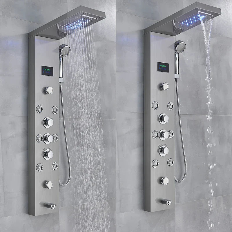 LED Light Bathroom Shower Faucet Set - Rainfall Shower Panel System with Temperature Display, Water Mixer Tap, and SPA Massage Feature