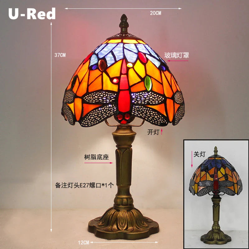 Retro Stained Glass Table Lamp – Colorful E27 Art Lampshade, Mediterranean Baroque Style Bedside Bedroom Décor Light