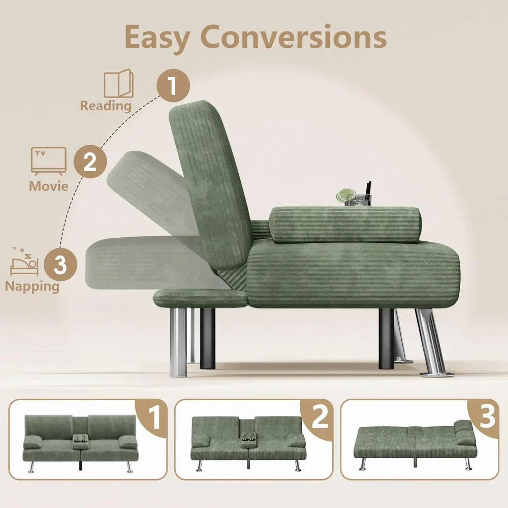 Modern Corduroy Futon Sofa Bed with Cup Holders & Removable Armrests – Folding Recliner Lounge, Green