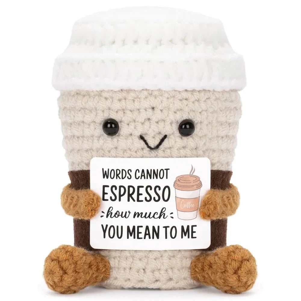 Handmade Crochet Coffee Doll – Funny Emotional Support Desktop Ornament & Christmas Gift