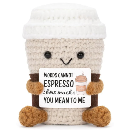 Handmade Crochet Coffee Doll – Funny Emotional Support Desktop Ornament & Christmas Gift
