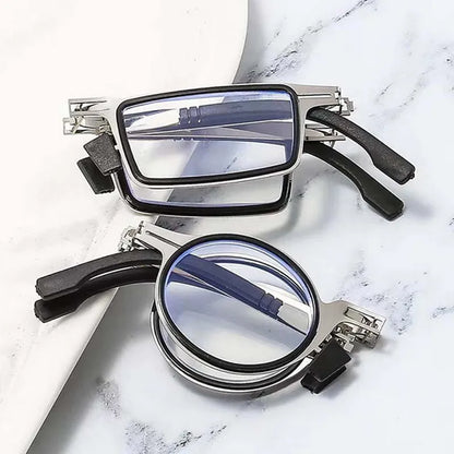 Portable Smart Folding Reading Glasses: Blue Light Blocking Metal Eyeglasses for Men - Round and Square Frames, Diopters for Presbyopia