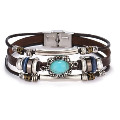 Vintage Gothic Punk Moon & Star Metal Bracelet - Multilayer Leather Bangle for Men, Leaf & Sun Arm Jewelry