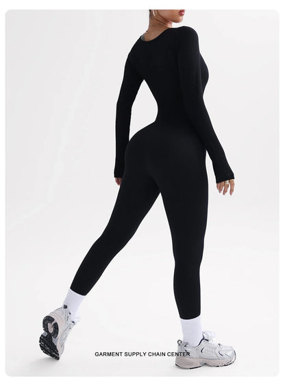 Women’s One-Piece Yoga Jumpsuit – Black Long-Sleeve Bodysuit, Sexy Streetwear & Casual Sportswear
