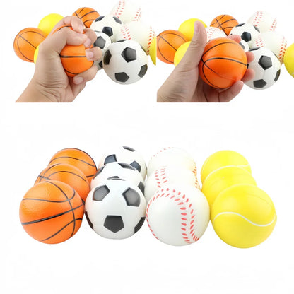 12pcs Soft Foam Sports Balls – Stress Relief Soccer, Basketball, Baseball & Tennis Toys