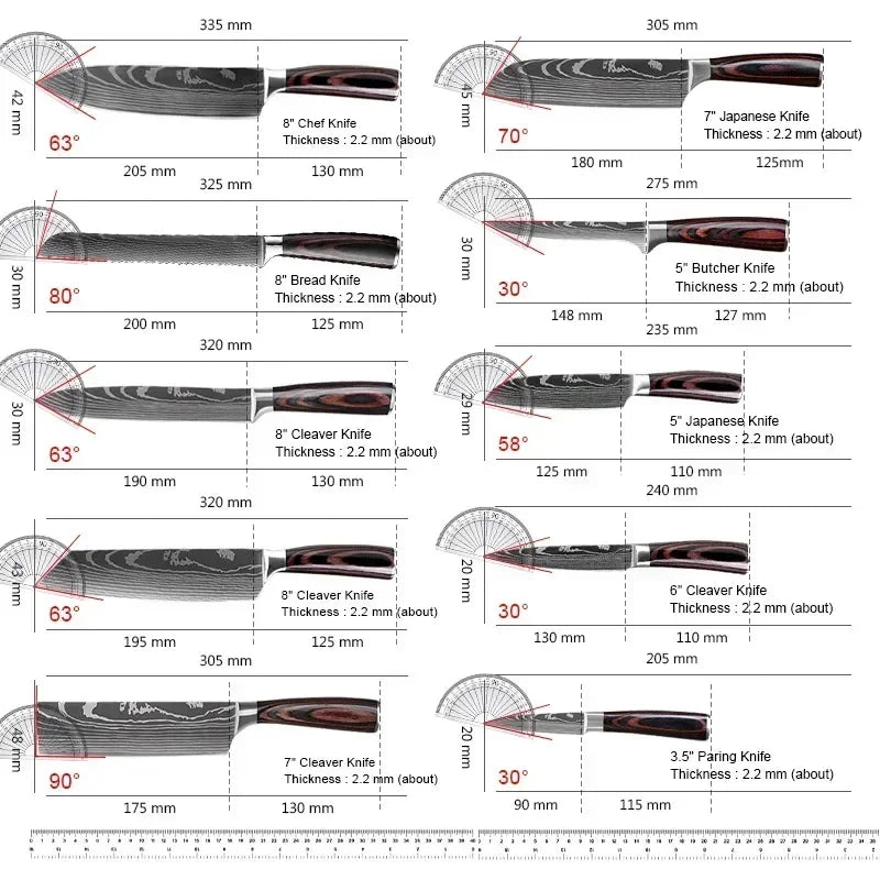 Professional Damascus Kitchen Knives – Japanese Santoku, Cleaver and Slicing Knives | Stainless Steel Butcher and Boning Knife