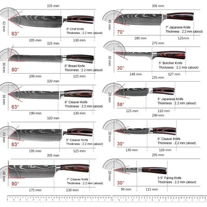 Professional Damascus Kitchen Knives – Japanese Santoku, Cleaver and Slicing Knives | Stainless Steel Butcher and Boning Knife