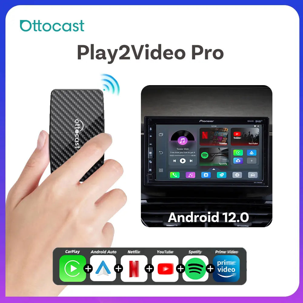 Ottocast Play2Video Pro Car Android AI Box – Wireless CarPlay & Android Auto Adapter, Netflix Ready, Single WiFi Plug & Play