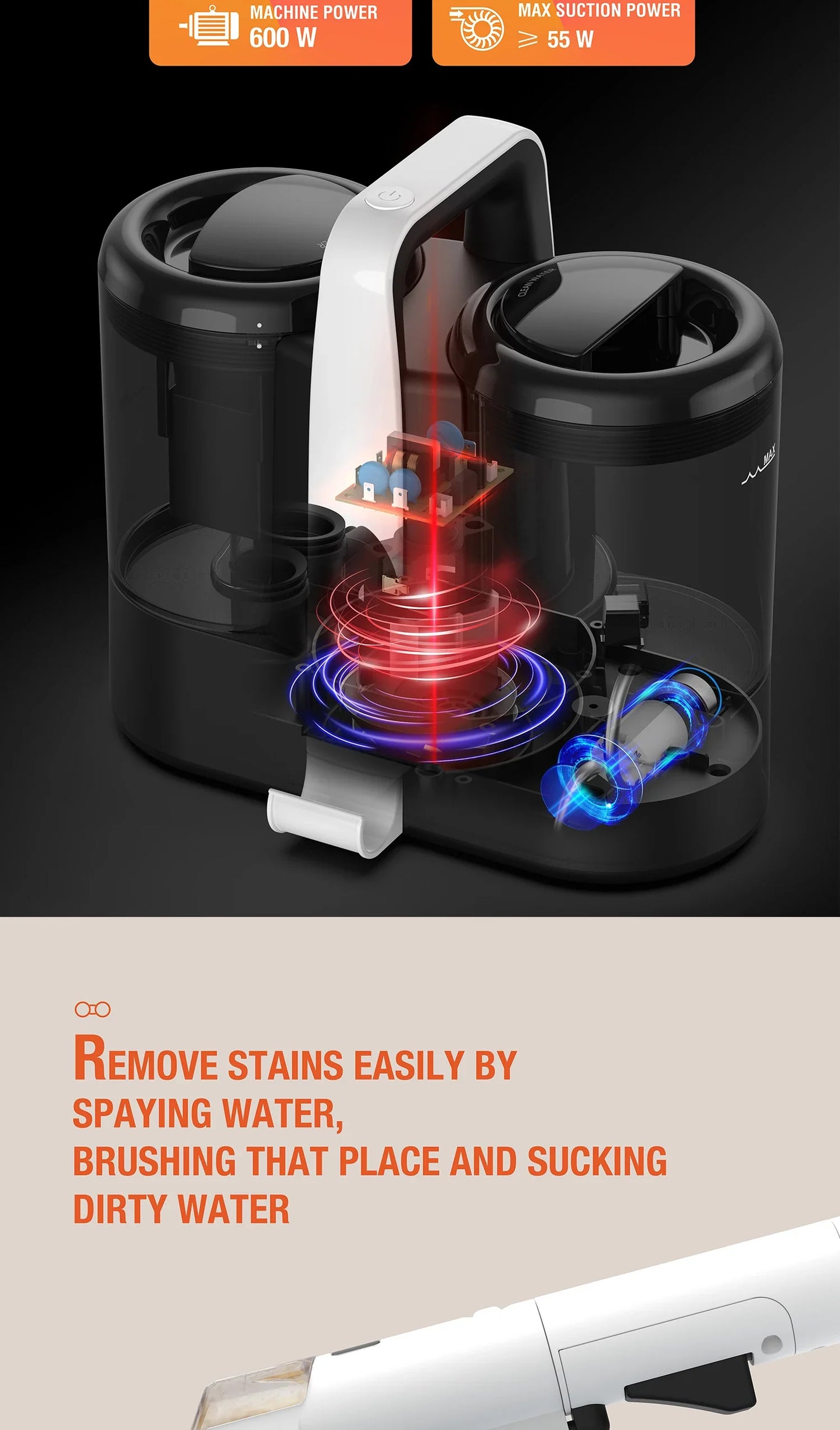 Mamnv Spot Cleaner - 600/450W Handheld Carpet Cleaner with 15/11KPa Suction, Integrated Spray Suction Machine for Sofas & Curtains
