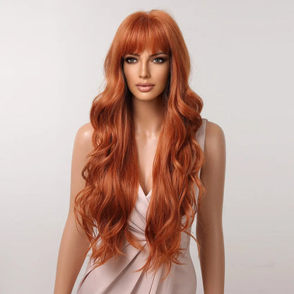 Orange Copper Ginger Long Wavy Synthetic Wig – Red & Yellow Wig with Bangs, Cosplay Body Wave, Heat-Resistant Hair for Women