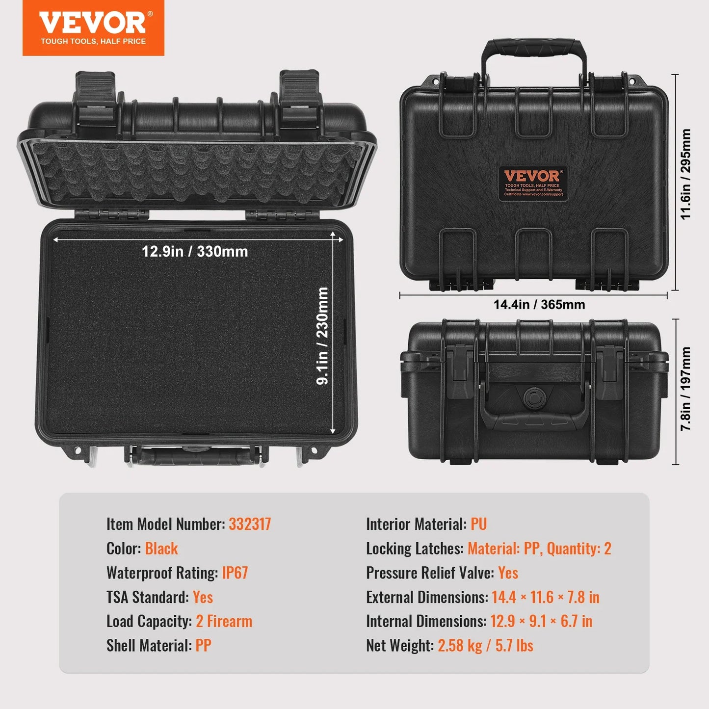 VEVOR Hard Pistol Case — Waterproof Dustproof Lockable Gun Case with Pre-Cut PU Foam for 1/2/5/6 Pistols