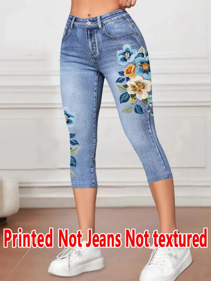 Women's Printed Capri Leggings - Stretchy Casual Cropped Pants