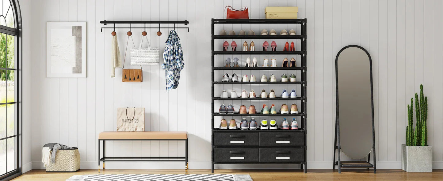Tribesigns 10-Tier Shoe Rack Organizer – Vertical Shoe Shelf with 4 Drawer Bins, Holds 32 Pairs for Closet & Entryway