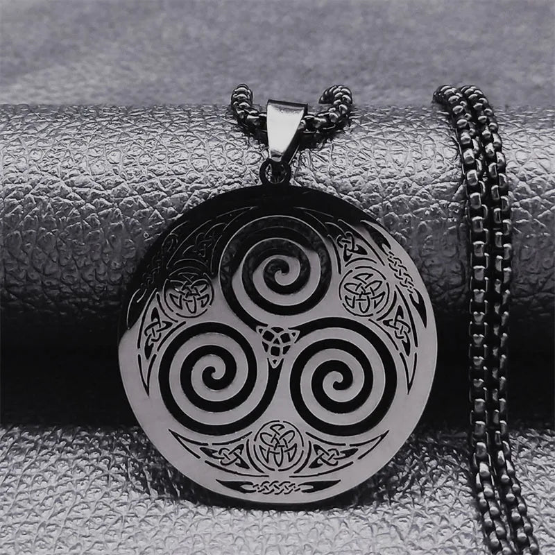 Stainless Steel Witchcraft Vortex Necklace – Viking Triskelion Celtic Knot Spiral, Silver Jewelry N7062S02