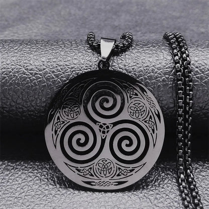 Stainless Steel Witchcraft Vortex Necklace – Viking Triskelion Celtic Knot Spiral, Silver Jewelry N7062S02
