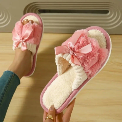 Plush Bow Slippers - Warm Fluffy Indoor Home Slides for Women & Men