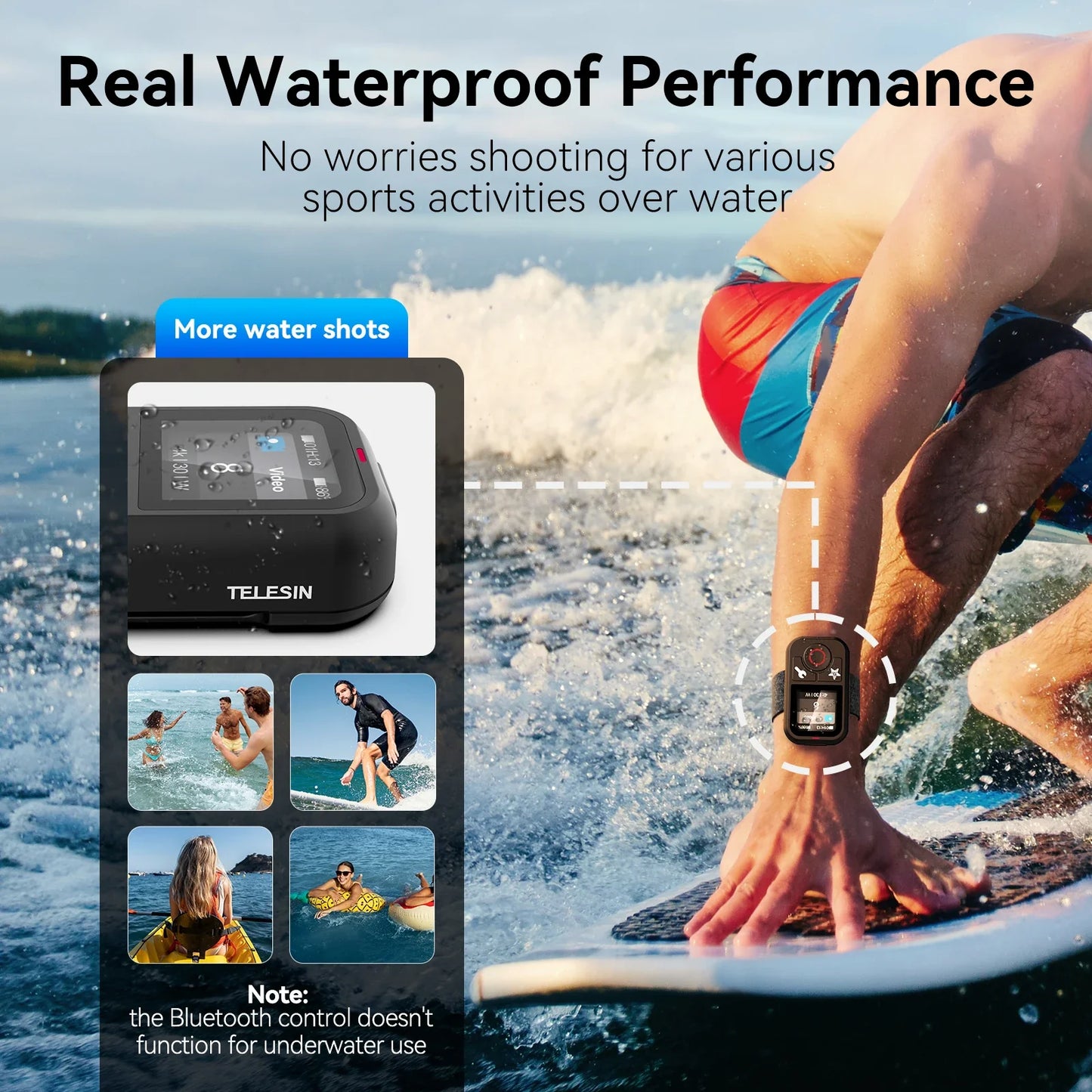 TELESIN Waterproof Bluetooth Remote for GoPro Hero 13/12/11/10/9/8/Max with Wrist Strap – Action Camera Accessory