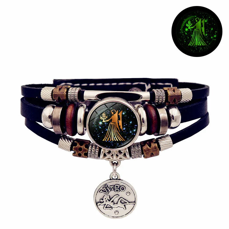 Luminous 12 Constellation Vintage Bracelet - Braided Punk Leather Glow-in-the-Dark for Men & Women, Birthday Gift