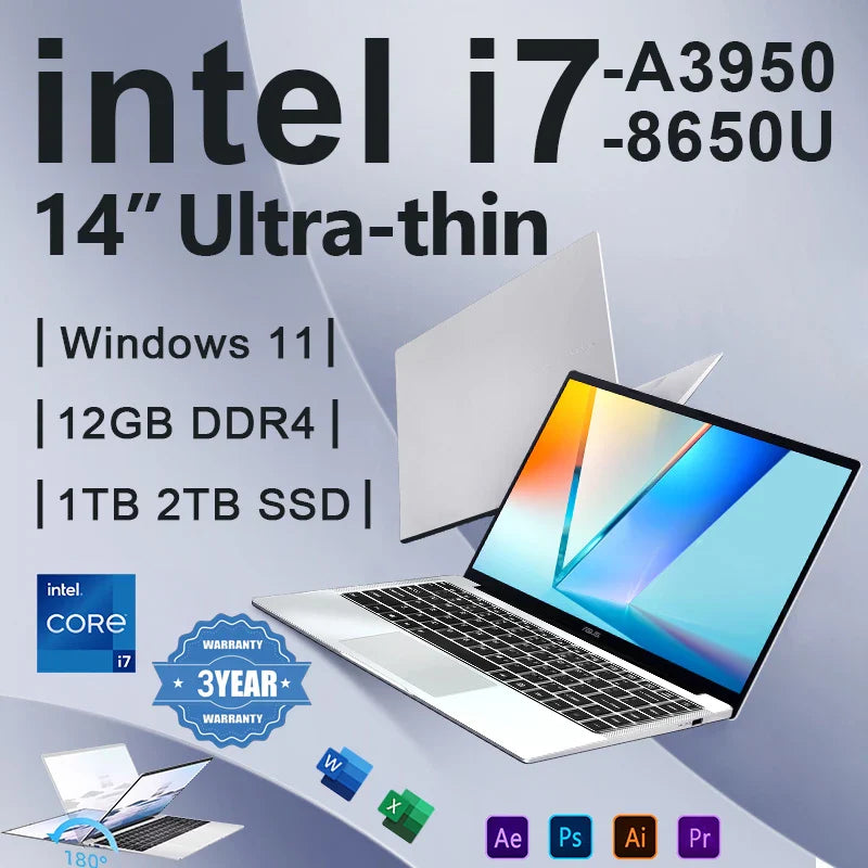 2026 Office Laptop 14.1" – Windows 11 Pro, Intel i7 8650U / Atom A3950, 12GB RAM, 1–2TB SSD, Gaming Notebook PC
