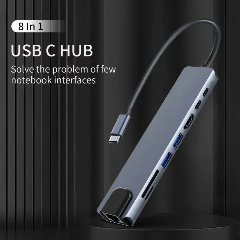 8-in-1 USB-C Hub – Type-C 3.1 to 4K HDMI Adapter with RJ45, SD/TF Card Reader & PD Fast Charging for MacBook & Laptops