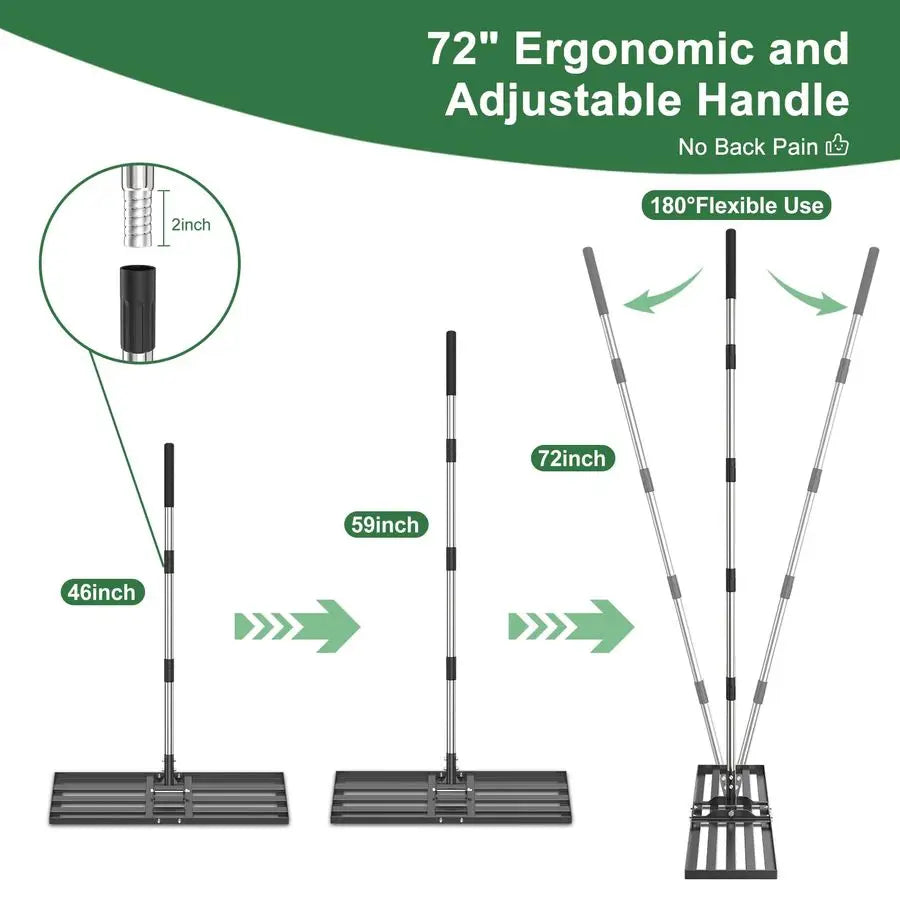 72-Inch Lawn Leveling Rake – Effort-Saving Stainless Steel Handle Tool for Yard, Golf Course & Pasture Turf