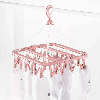 32-Clip/8-Clip Clothes Drying Hanger - Foldable Laundry Hanging Rack for Socks and Underwear