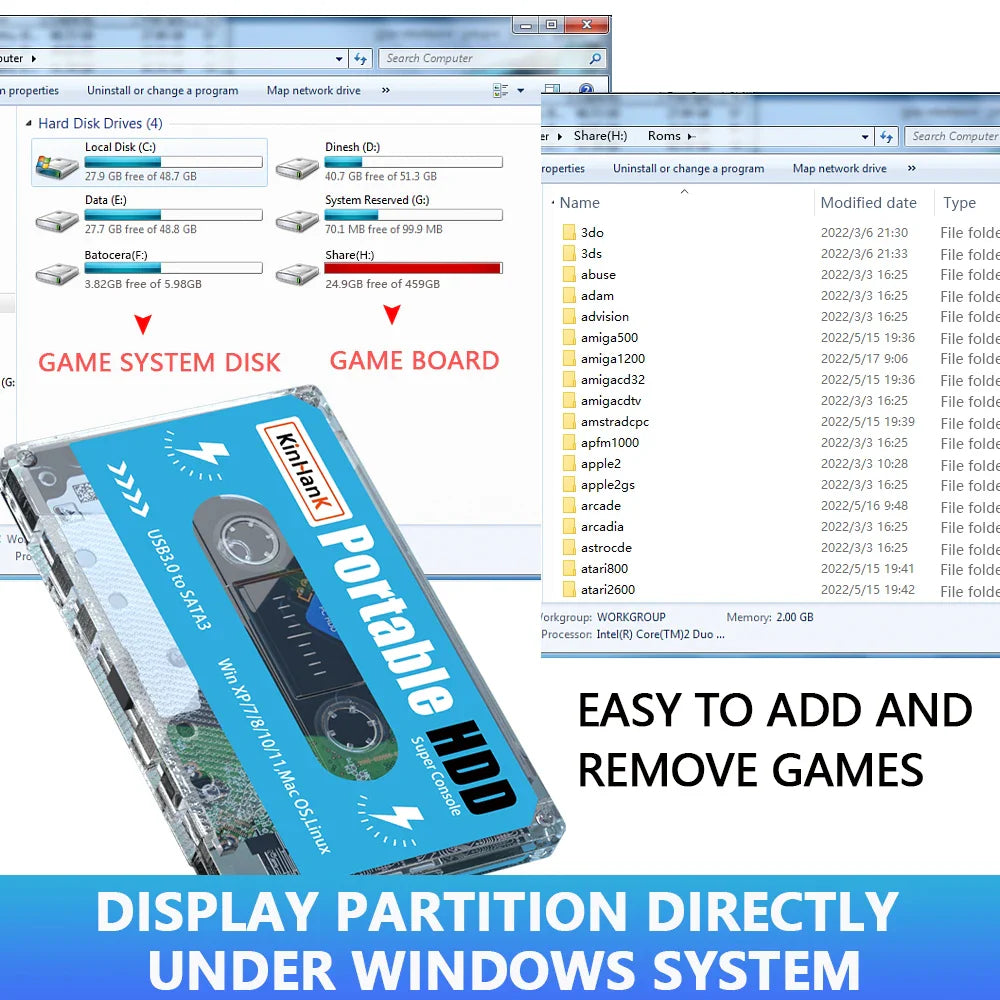 KINHANK Super Console 500GB Gaming HDD – 100,000 Games, 70 Emulators for DC/MAME/SS/NAOMI/PS2/PS1, Plug & Play with Batocera OS