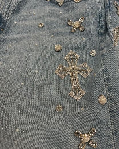 Y2K Gothic Rhinestone Denim Shorts — Diamond Cross Embroidered Hip Hop Jorts for Men & Women