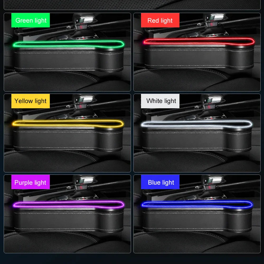 Car Crevice Storage Box with 2 USB Charger – LED Seat Gap Organizer, Phone, Bottle, and Cup Holder