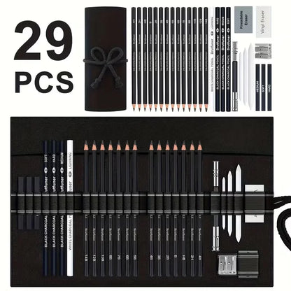 Brutfuner Professional Drawing Pencil Set - 18/29pcs Artist Sketching Kit with Charcoal, Eraser & Sharpener